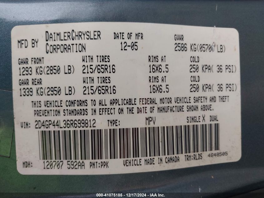 2006 Dodge Grand Caravan Sxt VIN: 2D4GP44L36R699812 Lot: 41075185