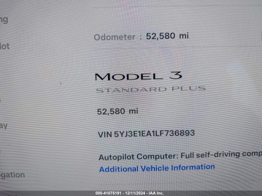 2020 Tesla Model 3 Standard Range Plus Rear-Wheel Drive/Standard Range Rear-Wheel Drive VIN: 5YJ3E1EA1LF736893 Lot: 41075191