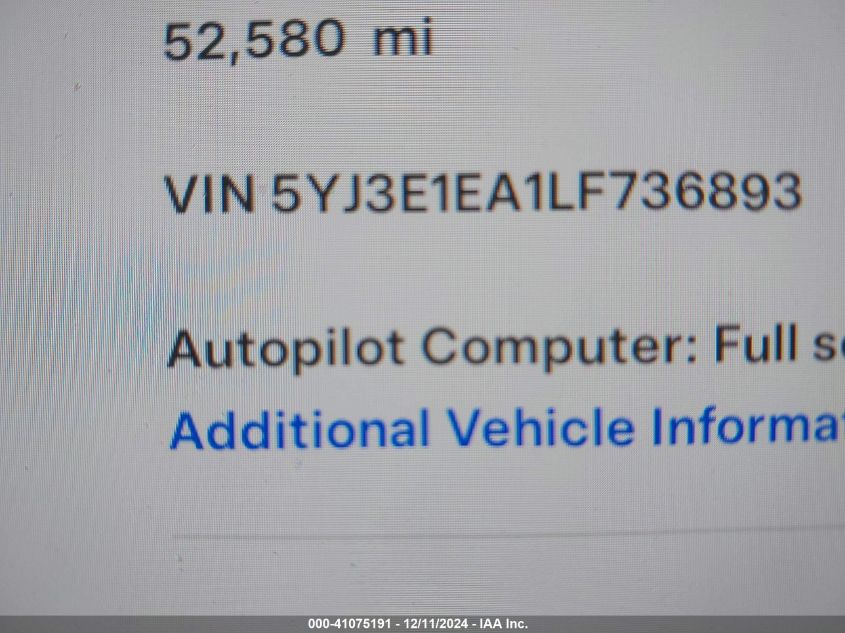 2020 Tesla Model 3 Standard Range Plus Rear-Wheel Drive/Standard Range Rear-Wheel Drive VIN: 5YJ3E1EA1LF736893 Lot: 41075191