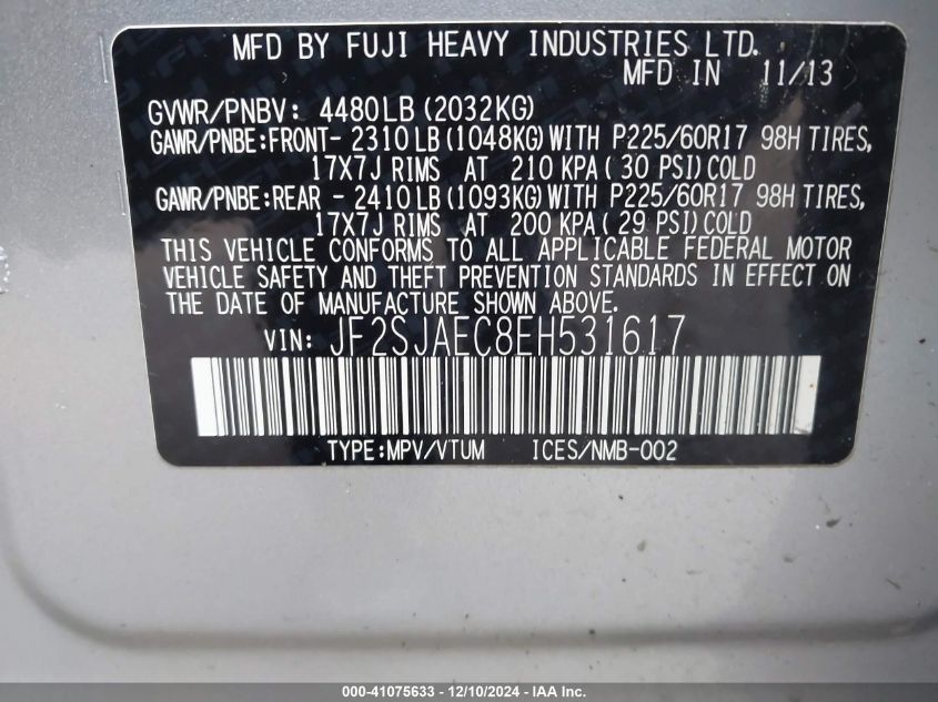 VIN JF2SJAEC8EH531617 2014 Subaru Forester, 2.5I Pr... no.9