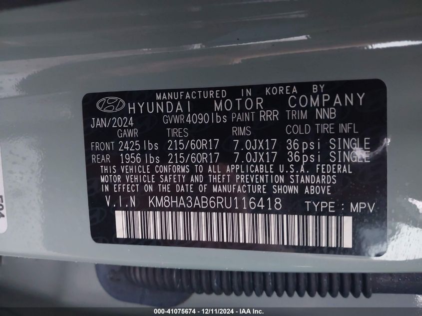 2024 Hyundai Kona Se VIN: KM8HA3AB6RU116418 Lot: 41075674