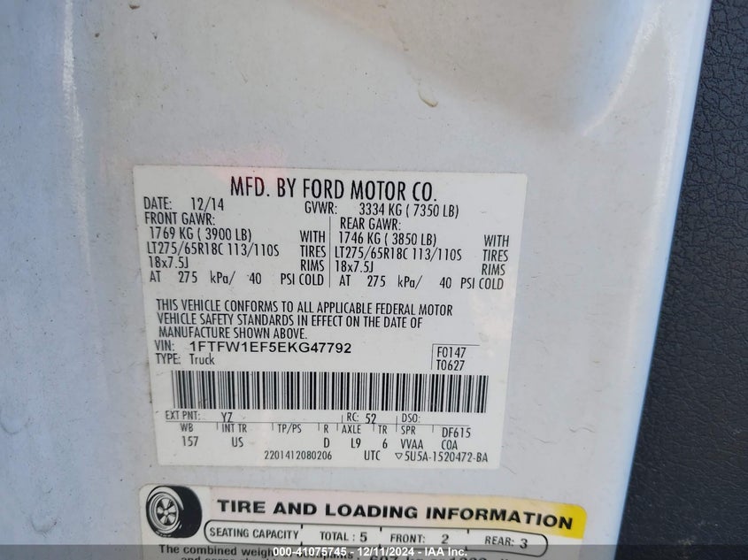 2014 FORD F-150 VIN: 1FTFW1EF5EKG47792