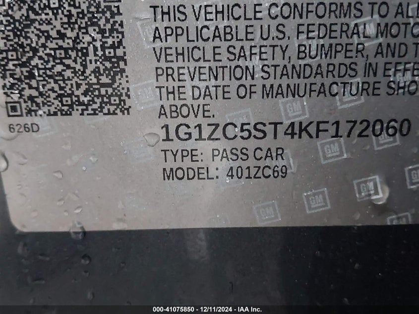 2019 CHEVROLET MALIBU VIN: 1G1ZC5ST4KF172060