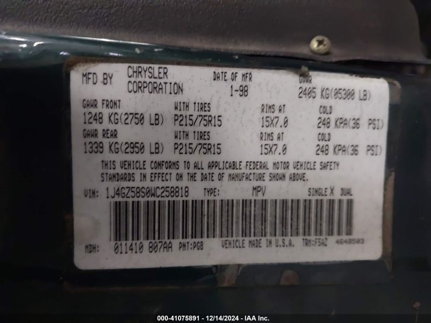 1998 Jeep Cherokee Limited VIN: 1J4FT78S9WL272421 Lot: 41075891