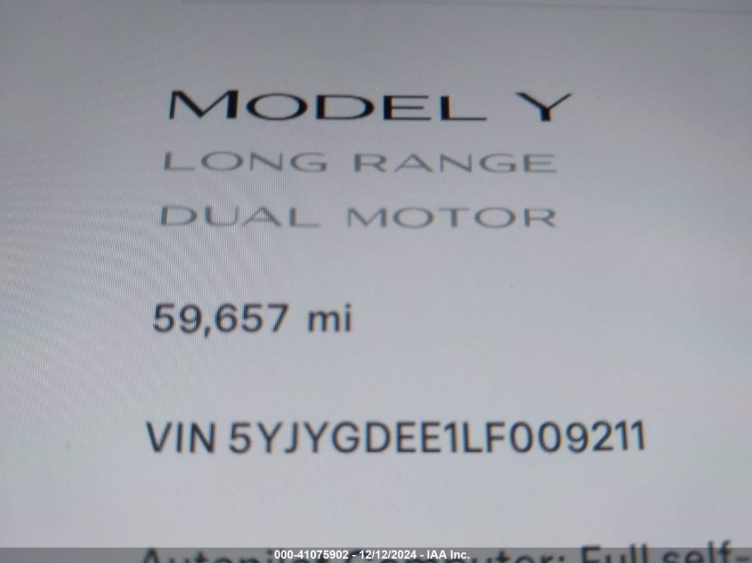 2020 Tesla Model Y Long Range Dual Motor All-Wheel Drive VIN: 5YJYGDEE1LF009211 Lot: 41075902