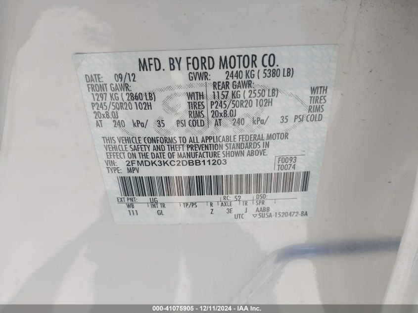 VIN 2FMDK3KC2DBB11203 2013 Ford Edge, Limited no.9