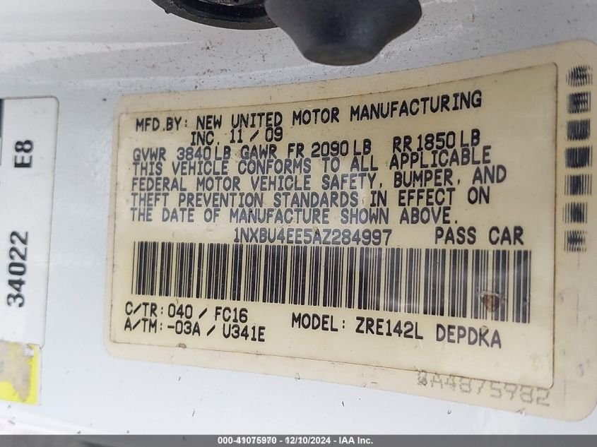 2010 Toyota Corolla Le VIN: 1NXBU4EE5AZ284997 Lot: 41075970