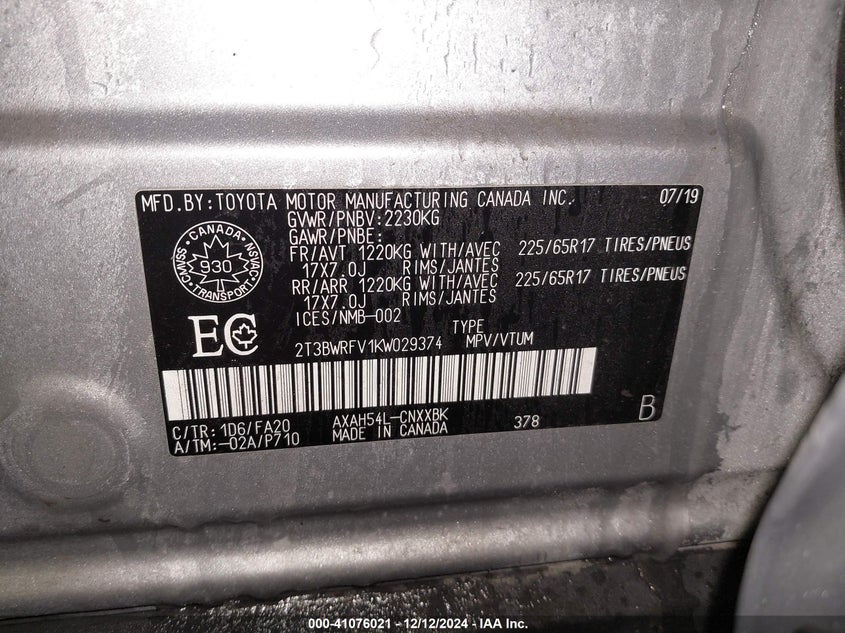 2019 TOYOTA RAV4 HYBRID LE - 2T3BWRFV1KW029374