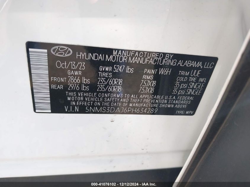 VIN 5NMS3DAJ6PH634289 2023 Hyundai Santa Fe, Sel no.9