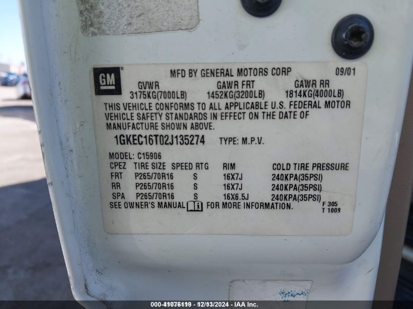 2002 GMC Yukon Xl 1500 Slt VIN: 1GKEC16T02J135274 Lot: 41076119