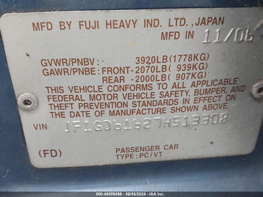 2007 Subaru Impreza 2.5I VIN: JF1GD61627H513308 Lot: 41076156