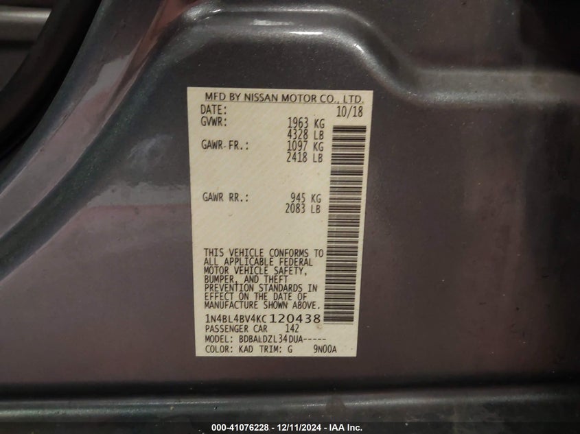 2019 NISSAN ALTIMA VIN: 1N4BL4BV4KC120438