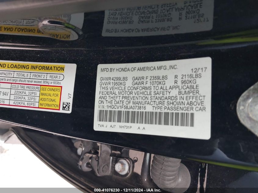 VIN 1HGCV1F58JA073816 2018 HONDA ACCORD no.9