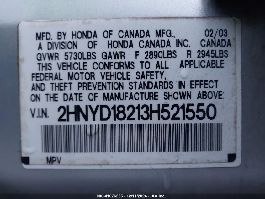 2003 Acura Mdx VIN: 2HNYD182138521550 Lot: 41076235