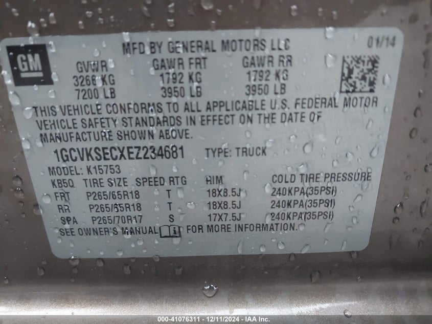 2014 CHEVROLET SILVERADO VIN: 1GCVKSECXEZ234681
