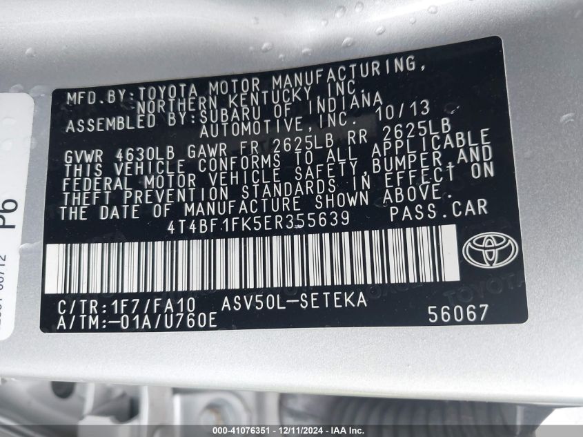 VIN 4T4BF1FK5ER355639 2014 Toyota Camry, L no.9