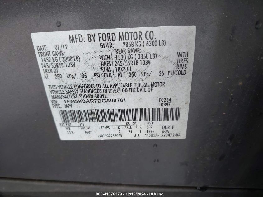 VIN 1FM5K8AR7DGA99761 2013 Ford Utility Police Inte... no.9