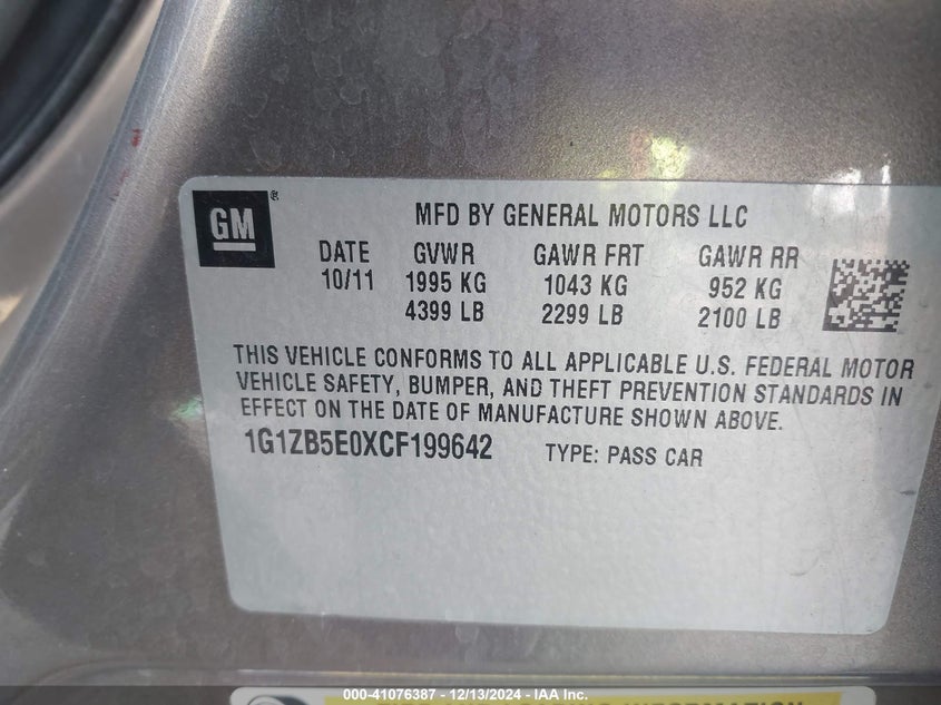 2012 CHEVROLET MALIBU VIN: 1G1ZB5E0XCF199642