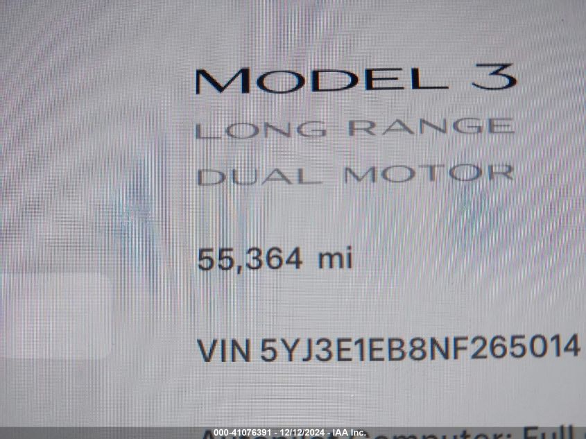 2022 Tesla Model 3 Long Range Dual Motor All-Wheel Drive VIN: 5YJ3E1EB8NF265014 Lot: 41076391