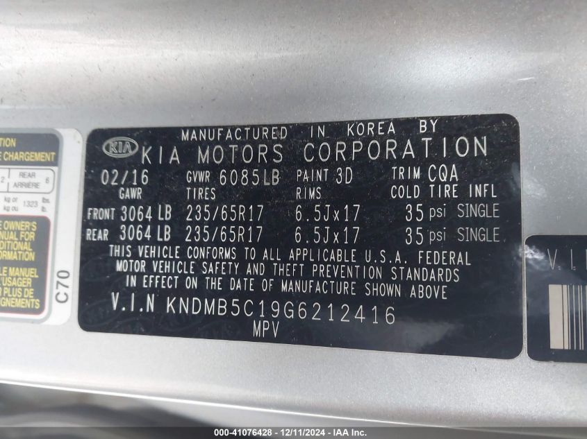 2016 Kia Sedona Lx VIN: KNDMB5C19G6212416 Lot: 41076428