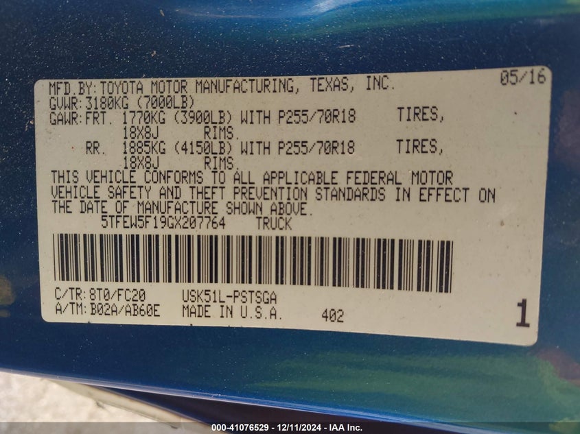 2016 TOYOTA TUNDRA SR5 5.7L V8 - 5TFEW5F19GX207764