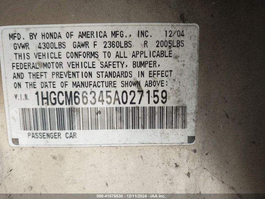 2005 Honda Accord 3.0 Ex VIN: 1HGCM66845A027156 Lot: 41076530