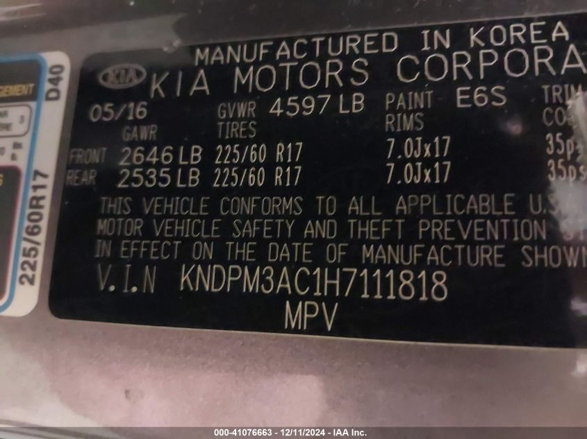 VIN KNDPM3AC1H7111818 2017 KIA SPORTAGE LX