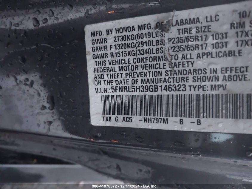 VIN 5FNRL5H39GB146323 2016 Honda Odyssey, SE no.9