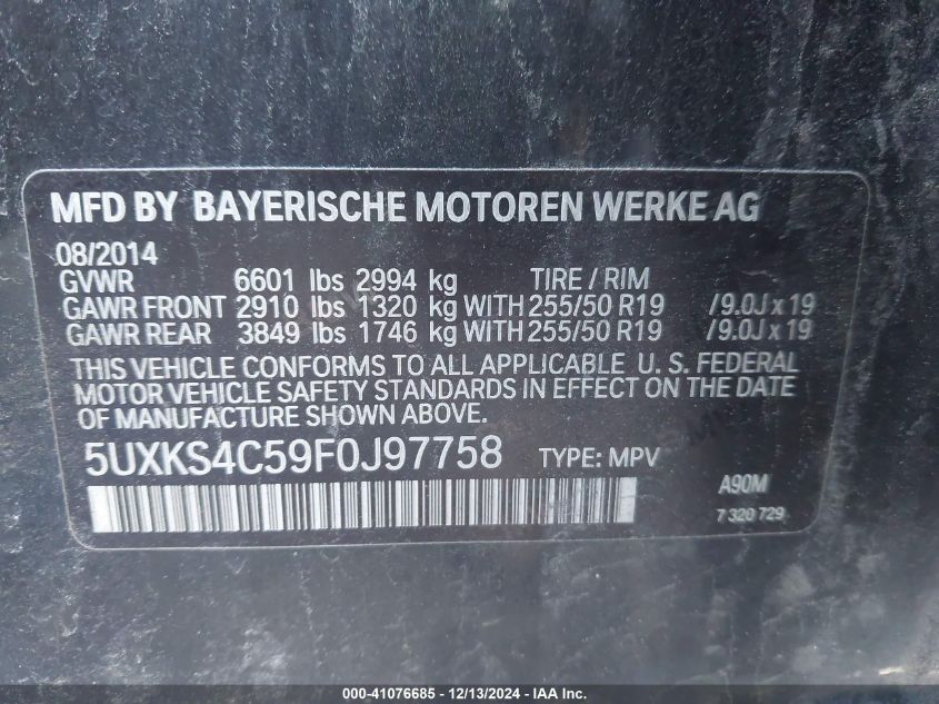 VIN 5UXKS4C59F0J97758 2015 BMW X5 no.9