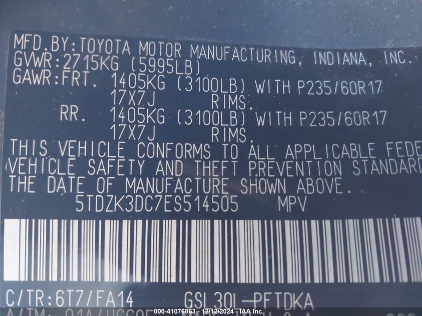 VIN 5TDZK3DC7ES514505 2014 Toyota Sienna, L V6 7 Pa... no.9