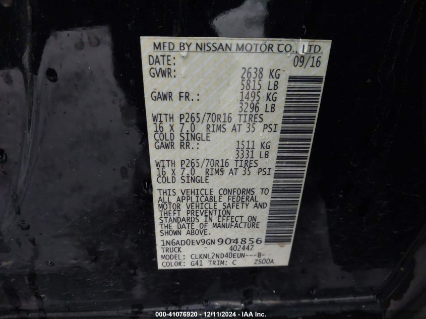 VIN 1N6AD0EV9GN904856 2016 Nissan Frontier, SV no.9