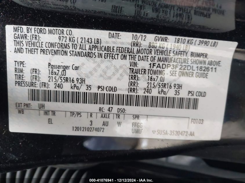 VIN 1FADP3F22DL182611 2013 FORD FOCUS no.9