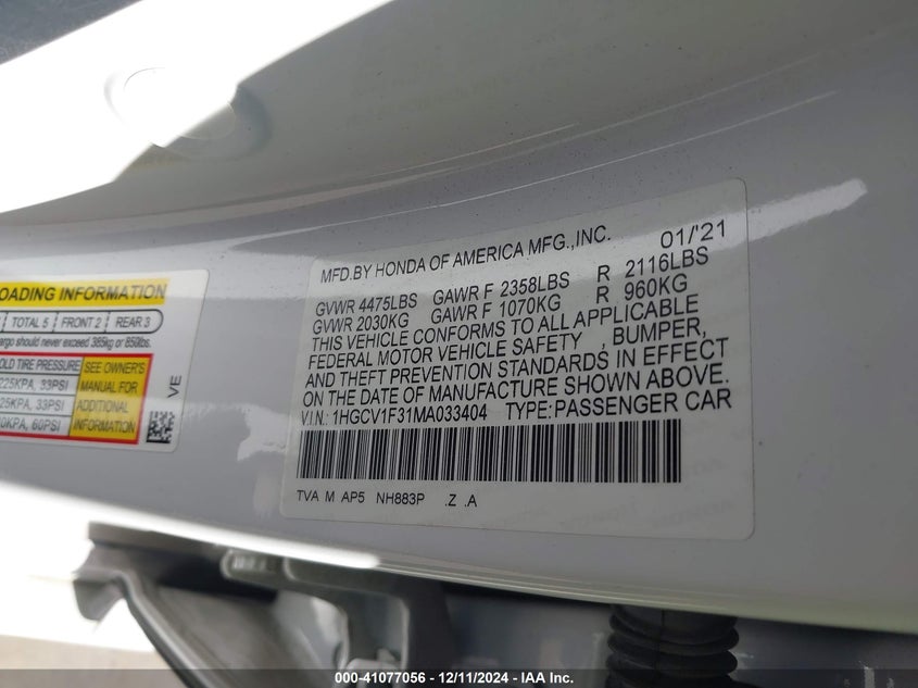 2021 HONDA ACCORD SPORT - 1HGCV1F31MA033404