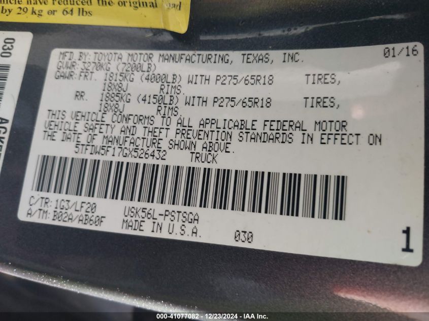 VIN 5TFDW5F17GX526432 2016 Toyota Tundra, Trd Pro 5... no.9