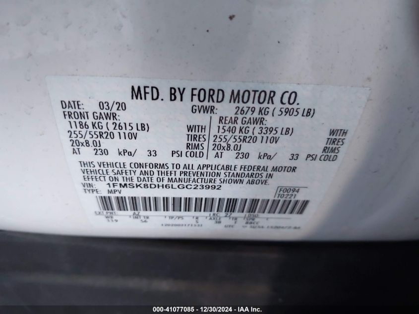 VIN 1FMSK8DH6LGC23992 2020 Ford Explorer, Xlt no.9