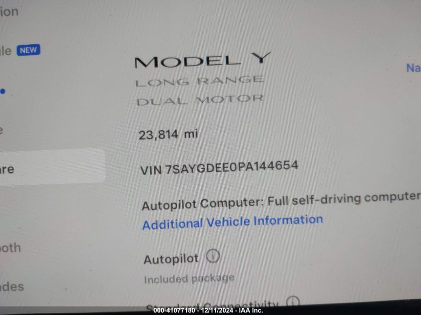 2023 Tesla Model Y Awd/Long Range Dual Motor All-Wheel Drive VIN: 7SAYGDEE0PA144654 Lot: 41077180