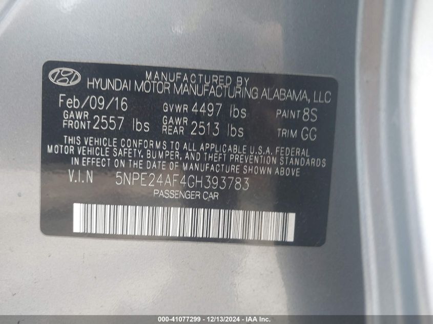 VIN 5NPE24AF4GH393783 2016 HYUNDAI SONATA no.9