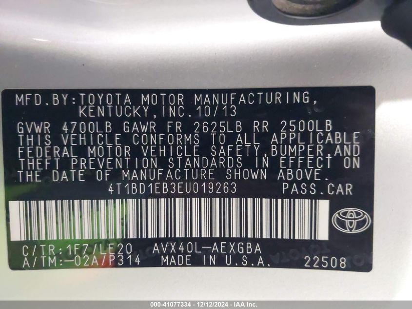 VIN 4T1BD1EB3EU019263 2014 TOYOTA AVALON HYBRID no.9