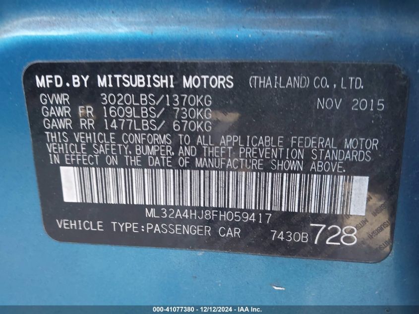 VIN ML32A4HJ8FH059417 2015 Mitsubishi Mirage, RF no.9