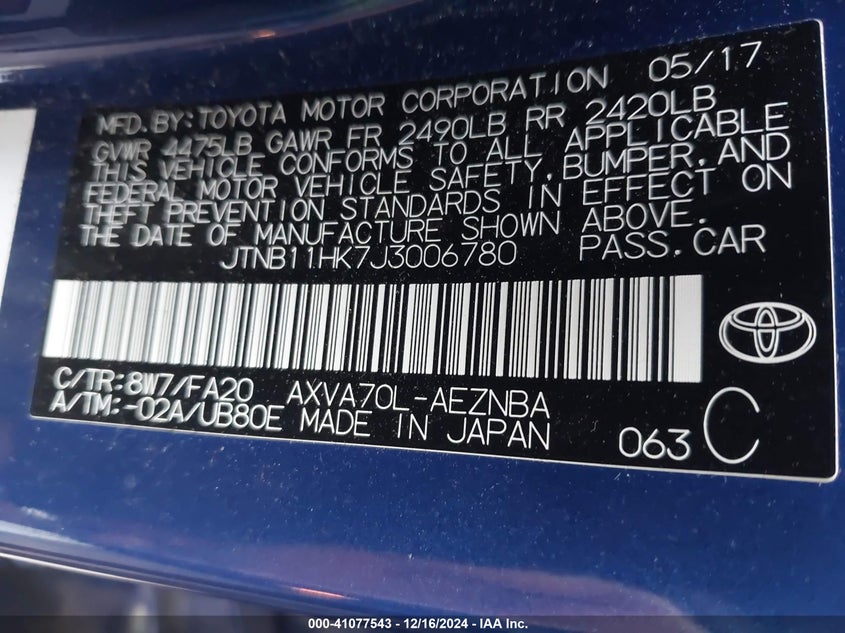 2018 TOYOTA CAMRY VIN: JTNB11HK7J3006780
