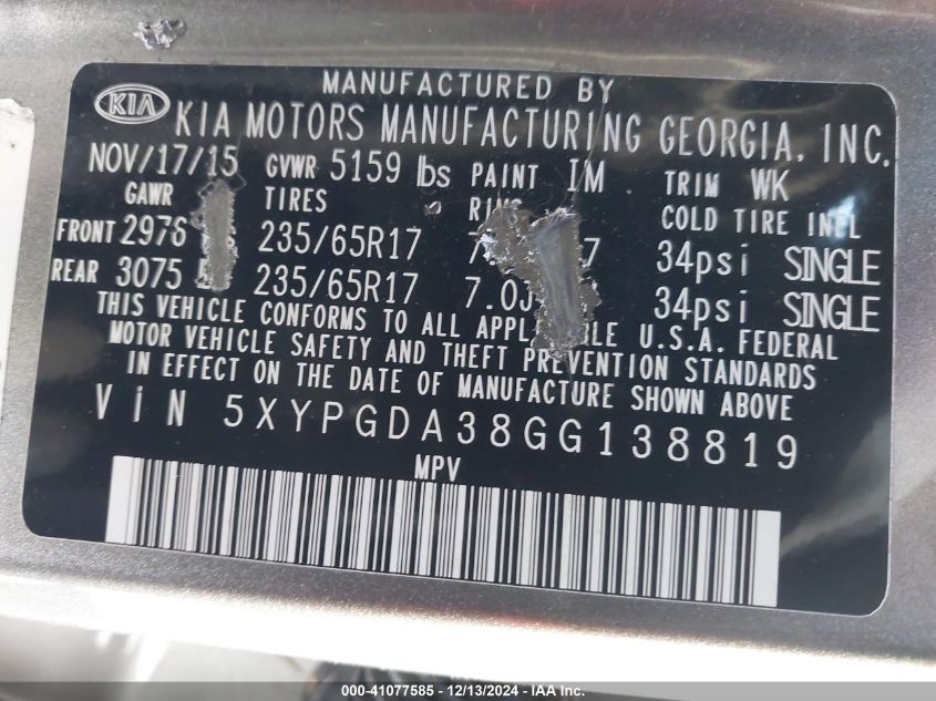 2016 Kia Sorento 2.4L Lx VIN: 5XYPGDA38GG138819 Lot: 41077585