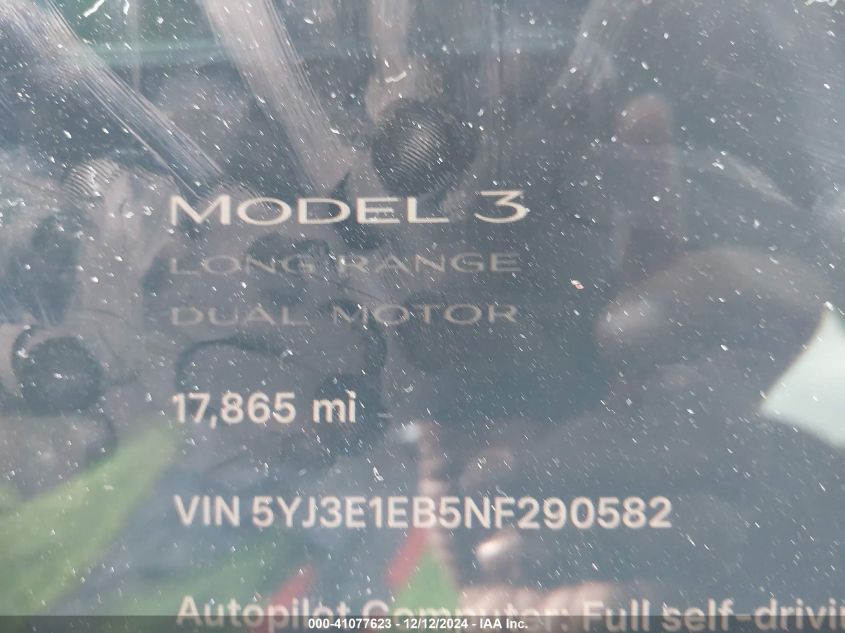 2022 Tesla Model 3 Long Range Dual Motor All-Wheel Drive VIN: 5YJ3E1EB5NF290582 Lot: 41077623