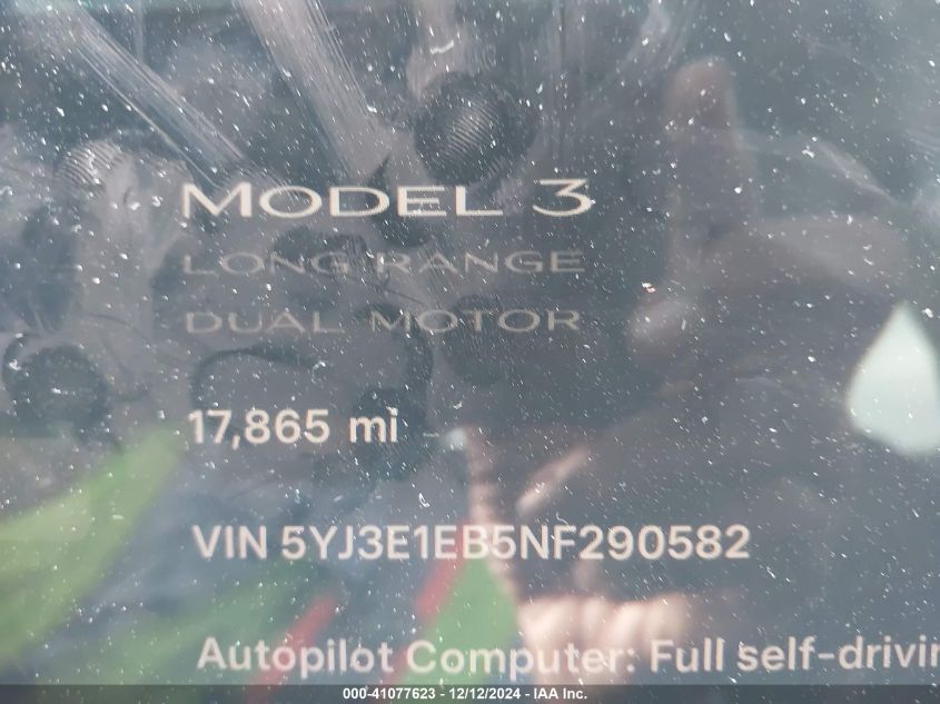 2022 Tesla Model 3 Long Range Dual Motor All-Wheel Drive VIN: 5YJ3E1EB5NF290582 Lot: 41077623