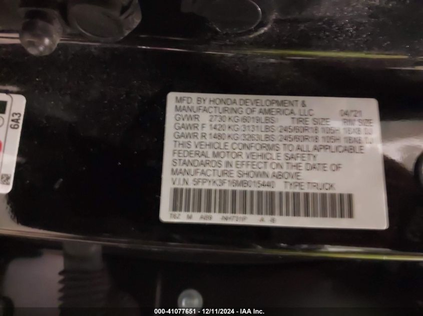 VIN 5FPYK3F16MB015440 2021 HONDA RIDGELINE no.9