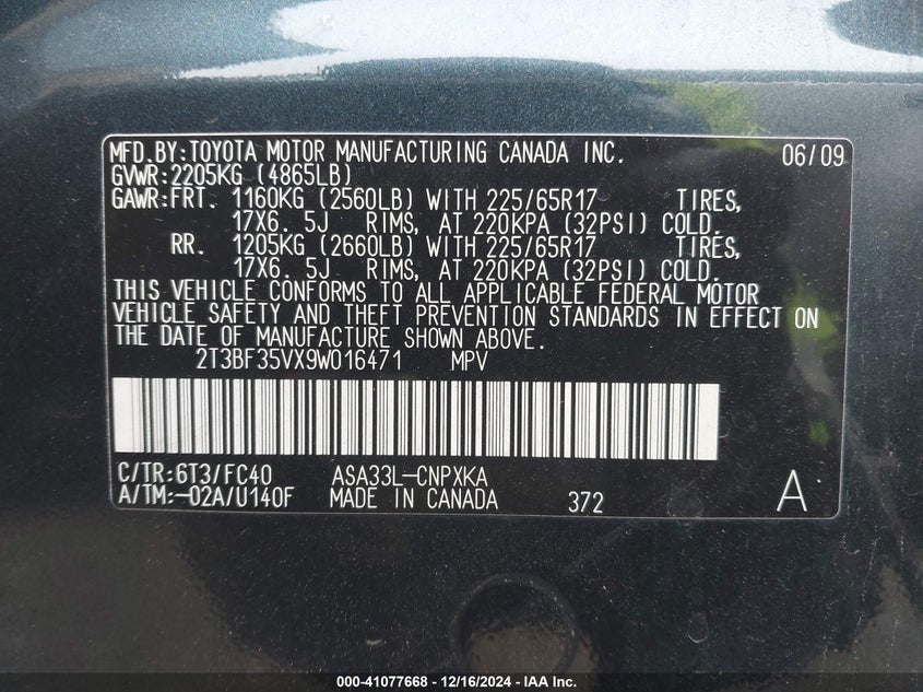 2009 Toyota Rav4 VIN: 2T3BF35VX9W016471 Lot: 41077668