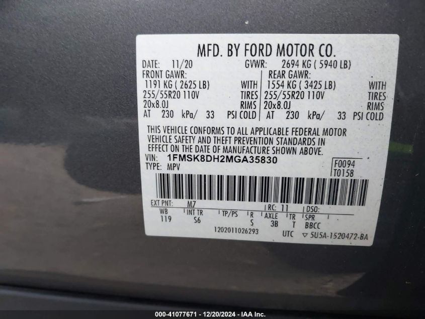 2021 Ford Explorer Xlt VIN: 1FMSK8DH2MGA35830 Lot: 41077671