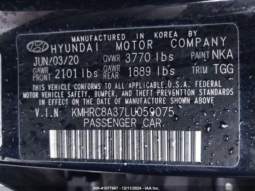 2020 Hyundai Venue Sel VIN: KMHRC8A37LU059075 Lot: 41077687