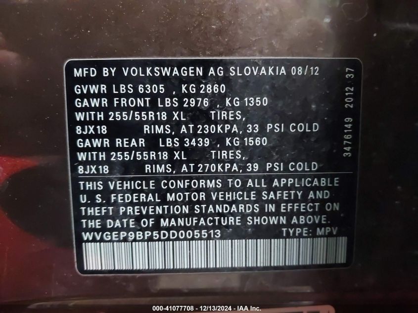 VIN WVGEP9BP5DD005513 2013 Volkswagen Touareg, Tdi... no.9