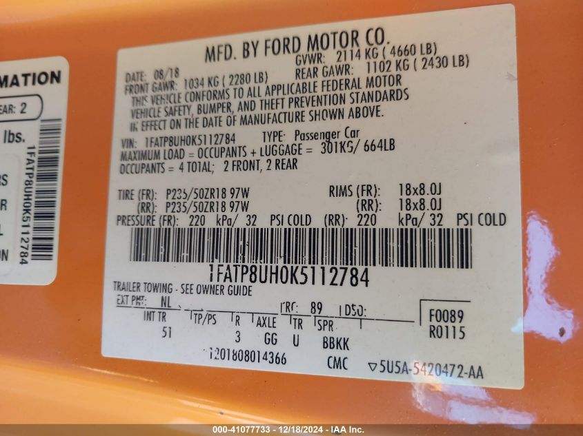 VIN 1FATP8UH0K5112784 2019 FORD MUSTANG no.9