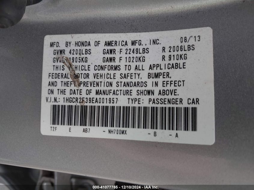 VIN 1HGCR2F39EA001957 2014 Honda Accord, LX no.9